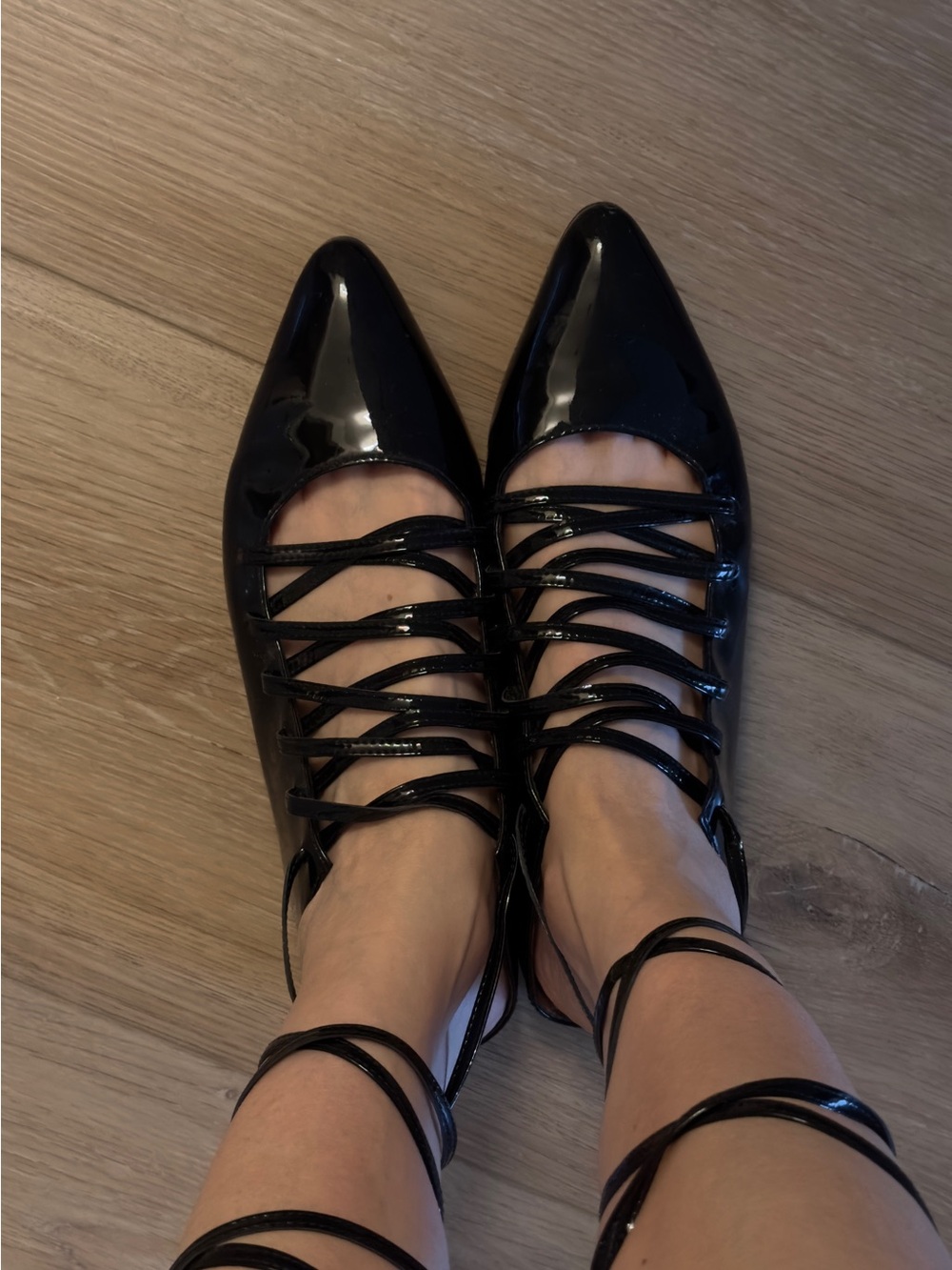 Black Patent Lace-Up Pointed-Toe Flats